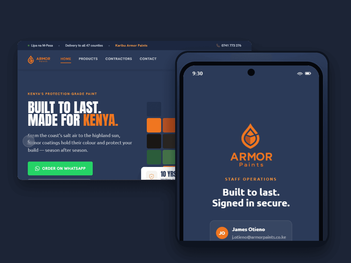 ArmorPaints website and staff operations mobile app