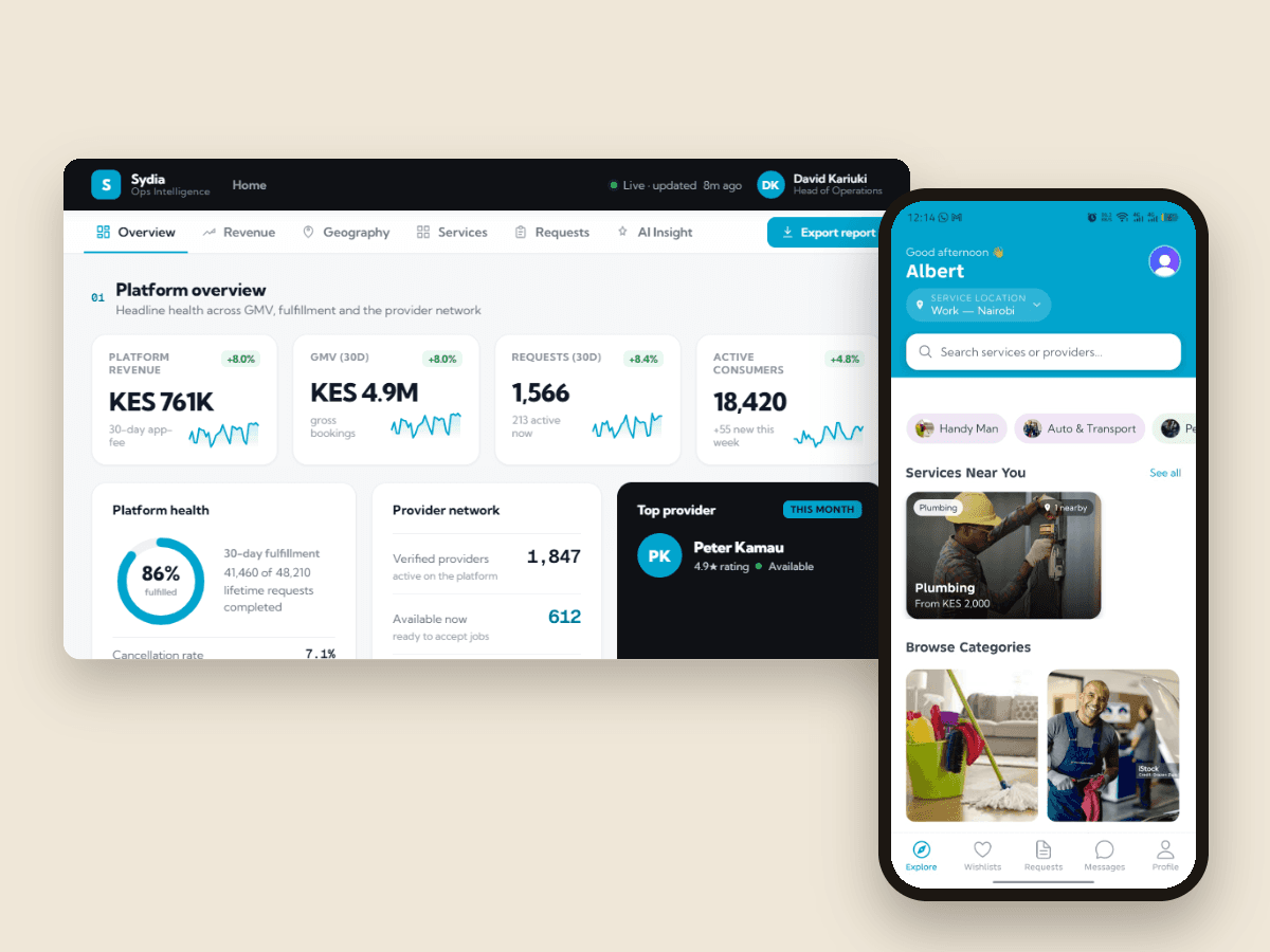 Sydia ops dashboard and consumer services app